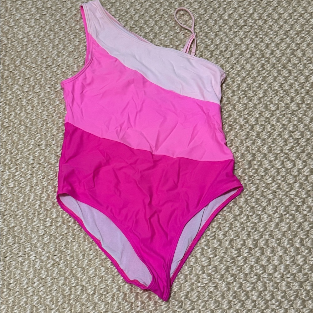 Pink Colorblock One-Shoulder Swimsuit